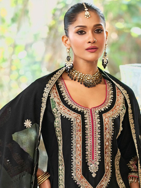 Dhiyona IE Women's Embroidered Mirror Work Straight Kurta With Palazzos & Dupatta