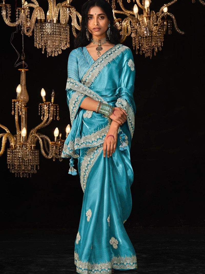 Dhiyona KM Women Ice Blue  Silk Saree