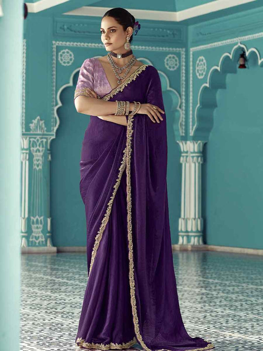 Dhiyona KM Women Purple Pure Fancy Silk Saree With Golden Embroidery Work