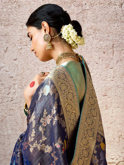 Dhiyona KM Women Majestic Navy Blue Zari Woven Banarasi Silk Saree