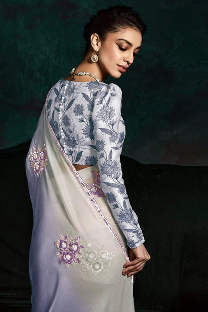 Dhiyona KM Women Trendy Sky Blue Shade Organza Saree With Designer Blouse