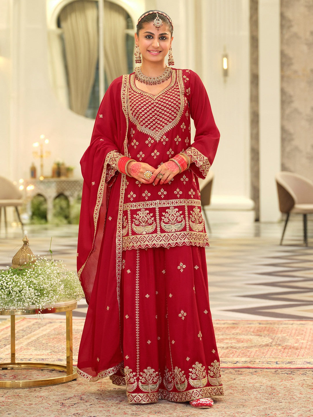 Dhiyona IE Women Ethnic Motifs Embroidered Kurta with Sharara & Dupatta