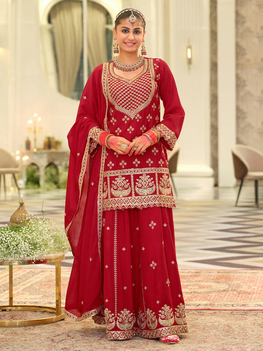 Dhiyona IE Women Ethnic Motifs Embroidered Kurta with Sharara & Dupatta