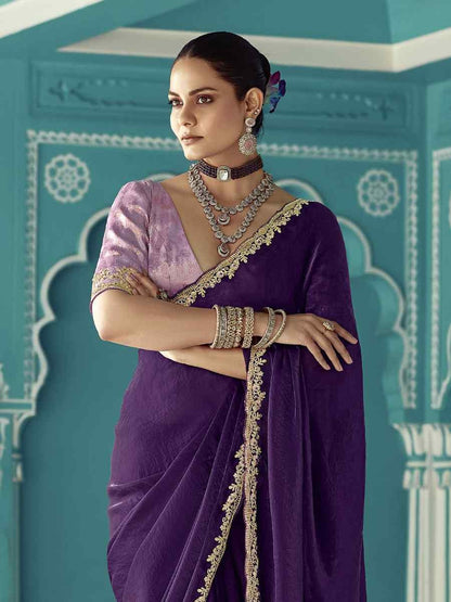 Dhiyona KM Women Purple Pure Fancy Silk Saree With Golden Embroidery Work