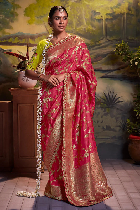 Dhiyona KM Women Regal Red Pure Silk Saree With Intricate Golden Zari Work & Contrasting Green Blouse