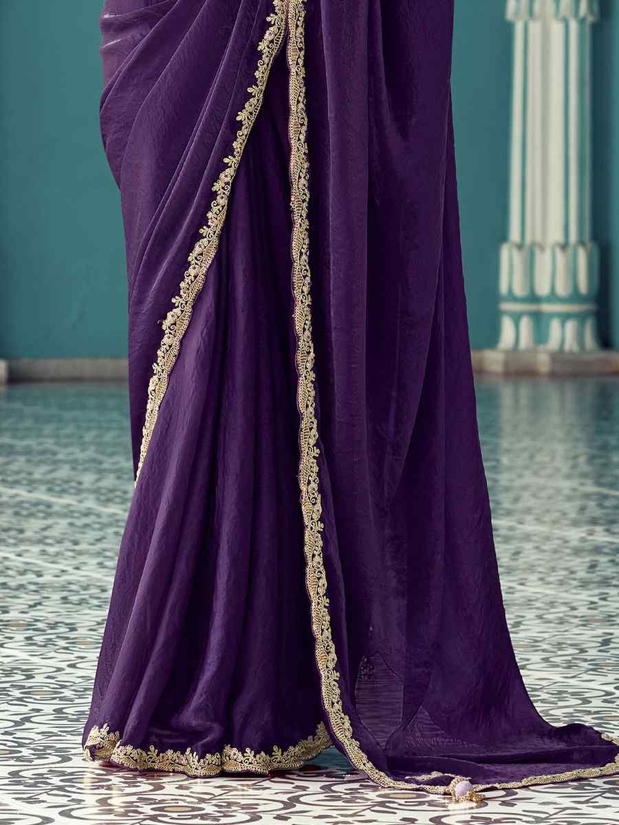 Dhiyona KM Women Purple Pure Fancy Silk Saree With Golden Embroidery Work