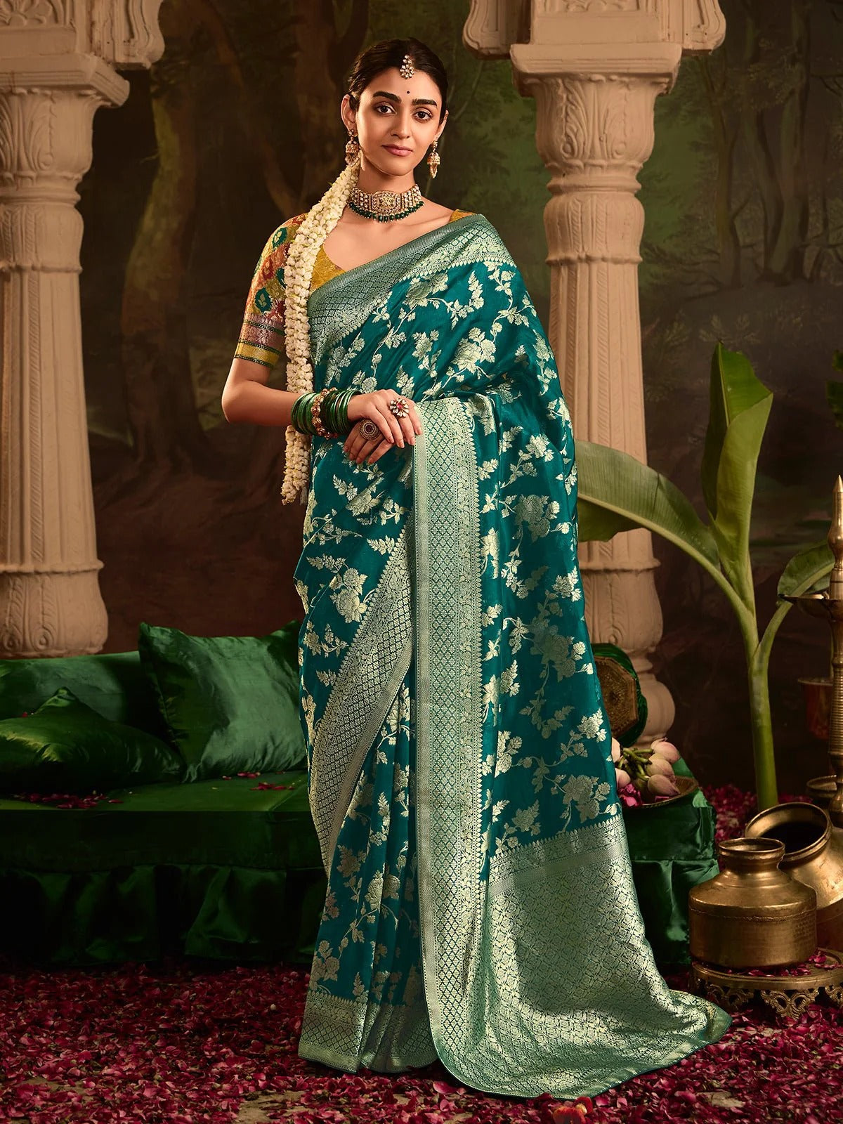 Dhiyona KM Women Traditional Green Banarasi Saree With Contrasting Yellow Blouse