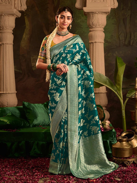 Dhiyona KM Women Traditional Green Banarasi Saree With Contrasting Yellow Blouse
