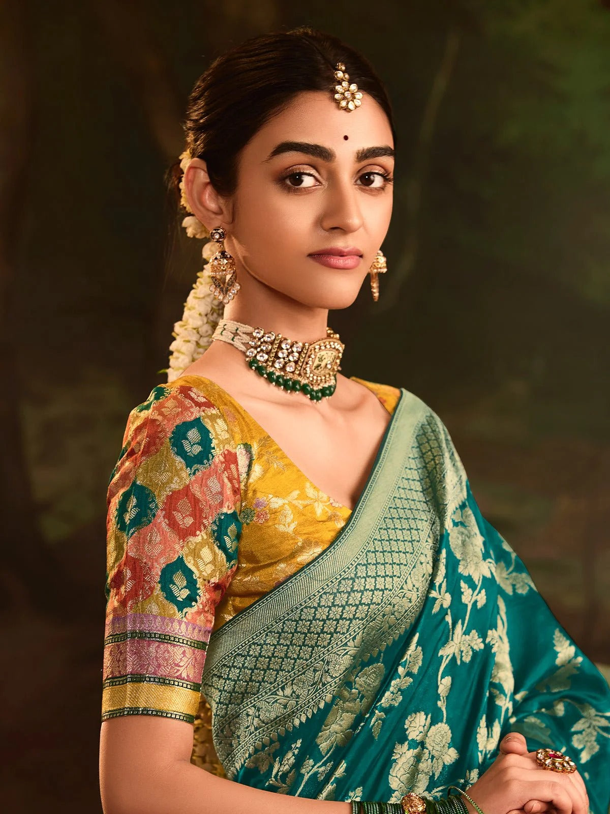 Dhiyona KM Women Traditional Green Banarasi Saree With Contrasting Yellow Blouse