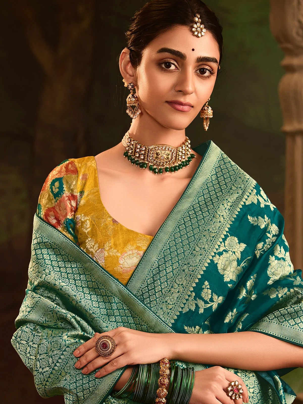 Dhiyona KM Women Traditional Green Banarasi Saree With Contrasting Yellow Blouse