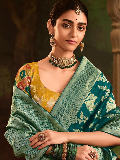 Dhiyona KM Women Traditional Green Banarasi Saree With Contrasting Yellow Blouse