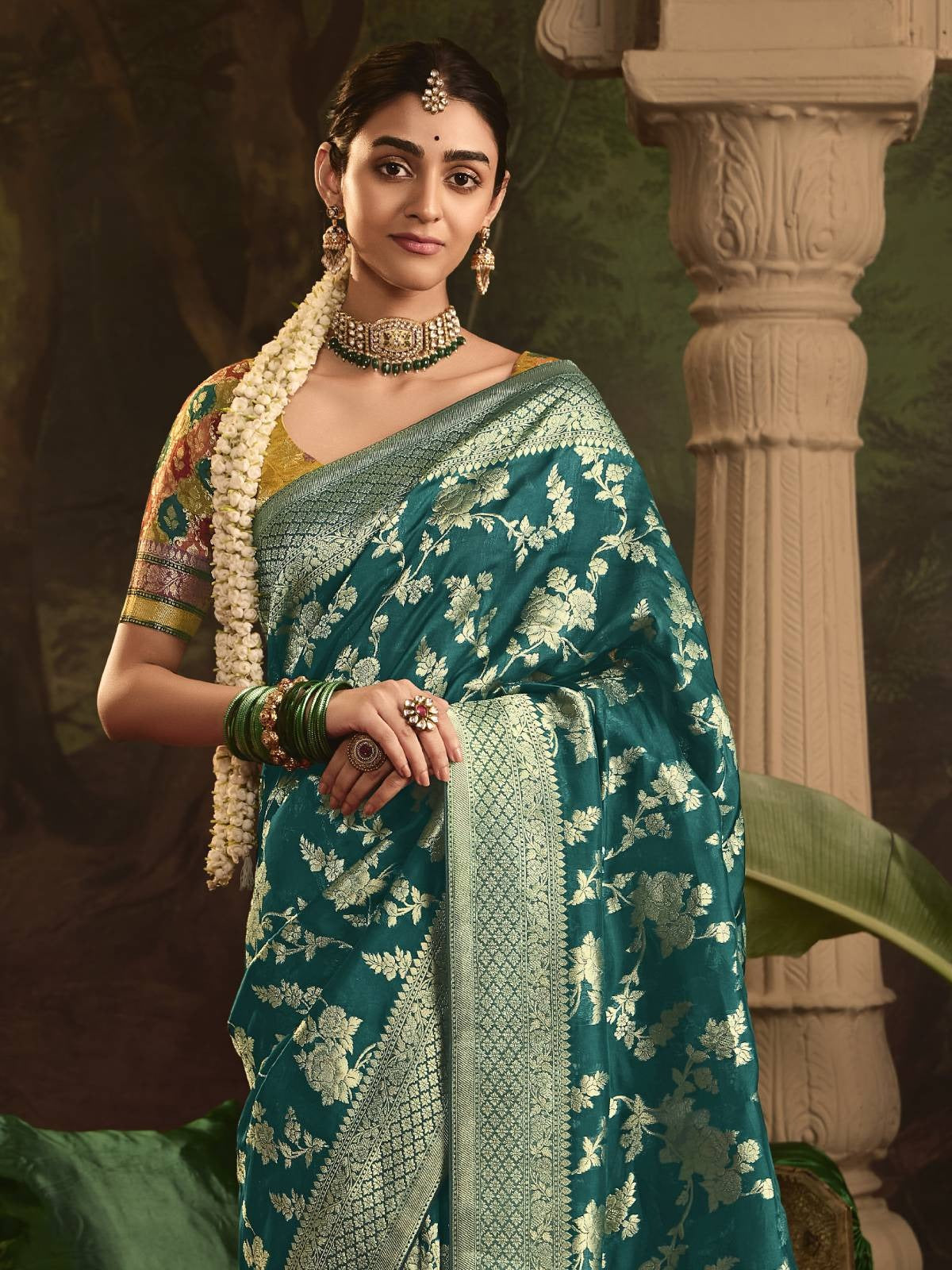 Dhiyona KM Women Traditional Green Banarasi Saree With Contrasting Yellow Blouse