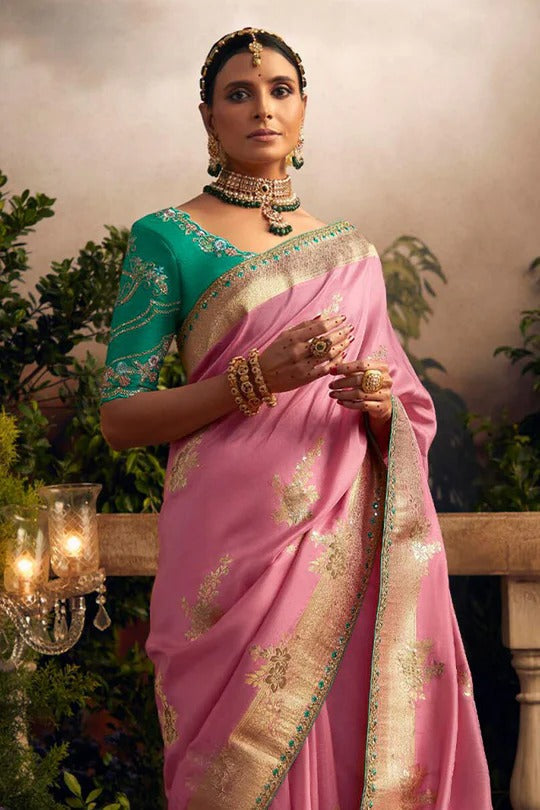 Dhiyona KM Women Elegant Pink Viscose Dola Silk Saree With Contrast Green Blouse Piece