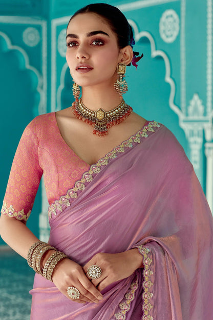 Dhiyona KM Women Lavender Tissue Crush Silk Saree With Red Blouse & Golden Border