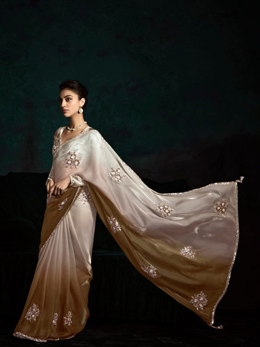 Dhiyona KM Women Elegant Cream And White Dual Shade Saree With Stylish Printed Blouse