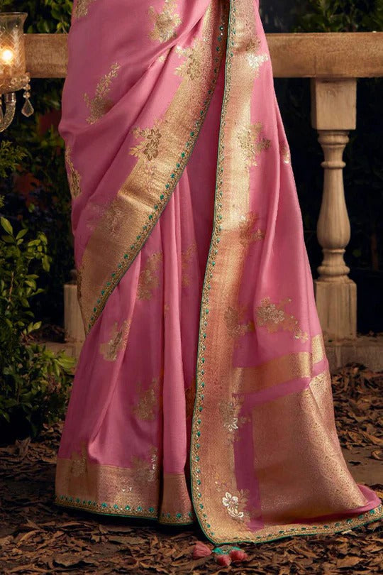 Dhiyona KM Women Elegant Pink Viscose Dola Silk Saree With Contrast Green Blouse Piece