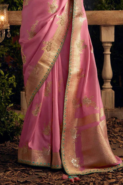 Dhiyona KM Women Elegant Pink Viscose Dola Silk Saree With Contrast Green Blouse Piece
