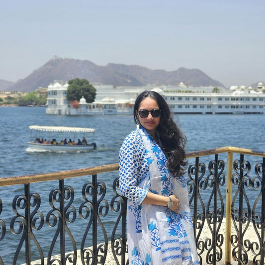 Women White Printed Pure Cotton Kurta, Pant And Dupatta Set