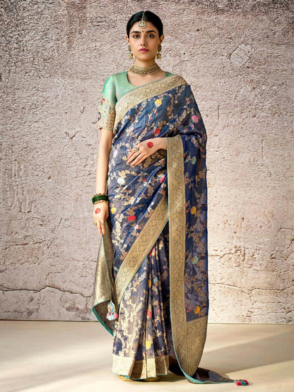 Dhiyona KM Women Majestic Navy Blue Zari Woven Banarasi Silk Saree