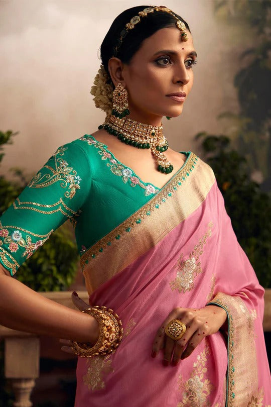 Dhiyona KM Women Elegant Pink Viscose Dola Silk Saree With Contrast Green Blouse Piece
