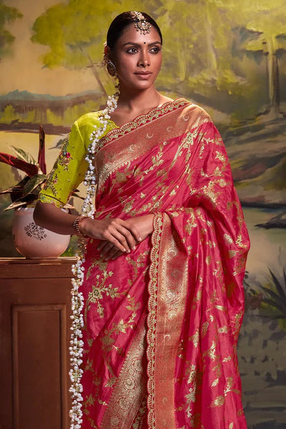Dhiyona KM Women Regal Red Pure Silk Saree With Intricate Golden Zari Work & Contrasting Green Blouse