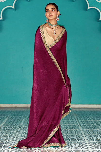 Dhiyona KM Women Red Crush Pure Tissue Silk Saree With Beige Blouse