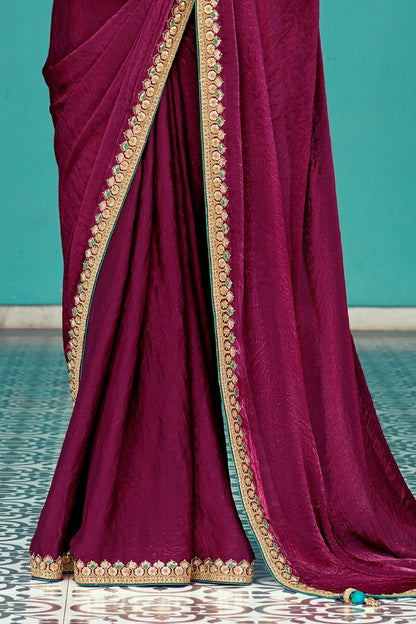 Dhiyona KM Women Red Crush Pure Tissue Silk Saree With Beige Blouse