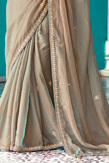 Dhiyona KM Women Beige Embroidery Tissue Silk Saree With Sea Green Blouse