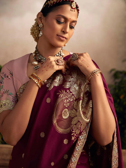 Dhiyona KM Women Embroidered Pure Viscose Dola Silk Purple Traditional Bridal Saree