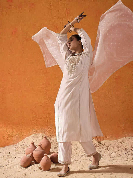 Dhiyona IE Paisley Embroidered Panelled Liva Straight Kurta With Trousers & Dupatta