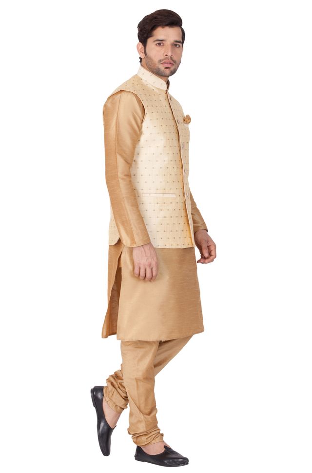 Men's Gold Silk Blend Straight Jacket  Kurta and Pyjama Set