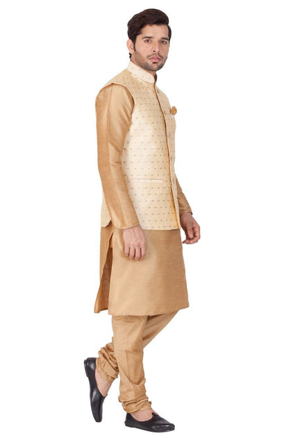 Men's Gold Silk Blend Straight Jacket  Kurta and Pyjama Set