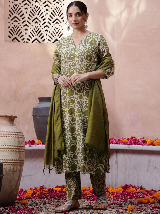 Dhiyona SN Women's Floral Printed Thread Work Pure Cotton Kurta with Trouser & Dupatta