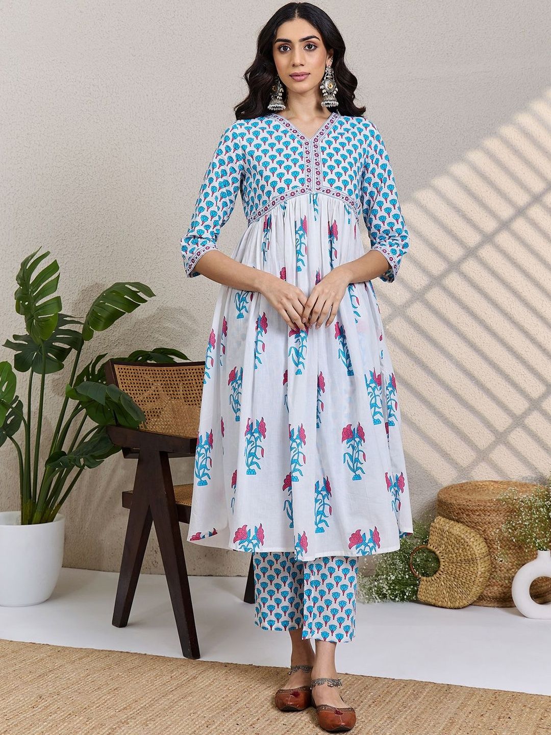 Women Floral Printed Cotton A-Line Kurta with Trousers & Dupatta