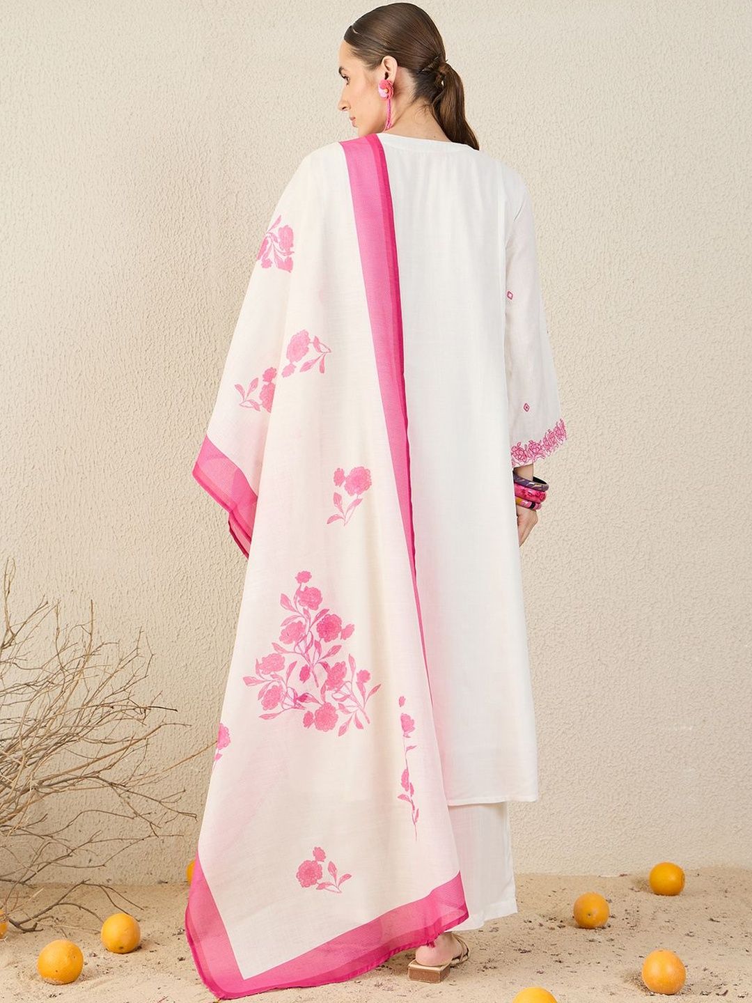 Floral Embroidered V-Neck Thread Work A-Line Kurta & Trousers With Dupatta