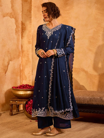 Dhiyona KL Women Ethnic Motifs Embroidered Regular Thread Work Kurta with Palazzos & With Dupatta