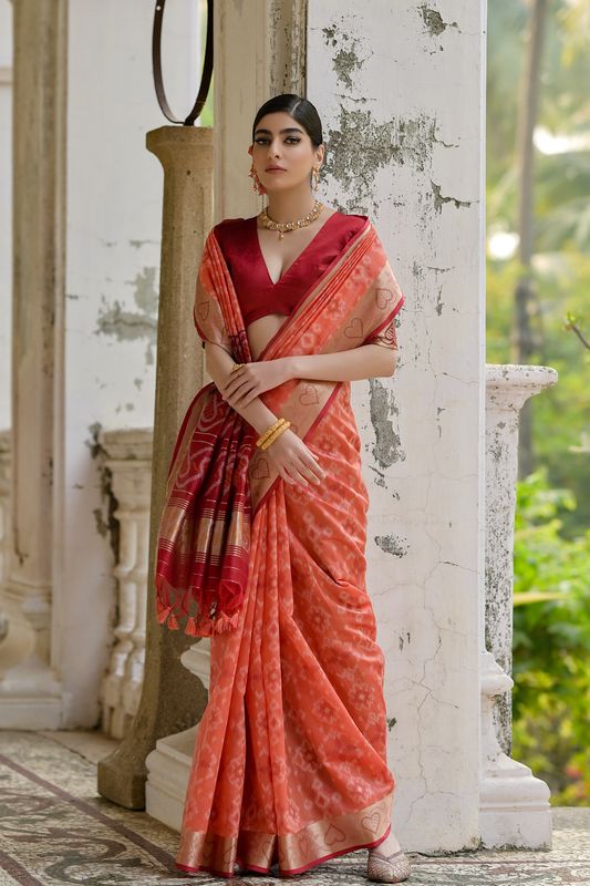 Orange Maroon Raw Silk Saree