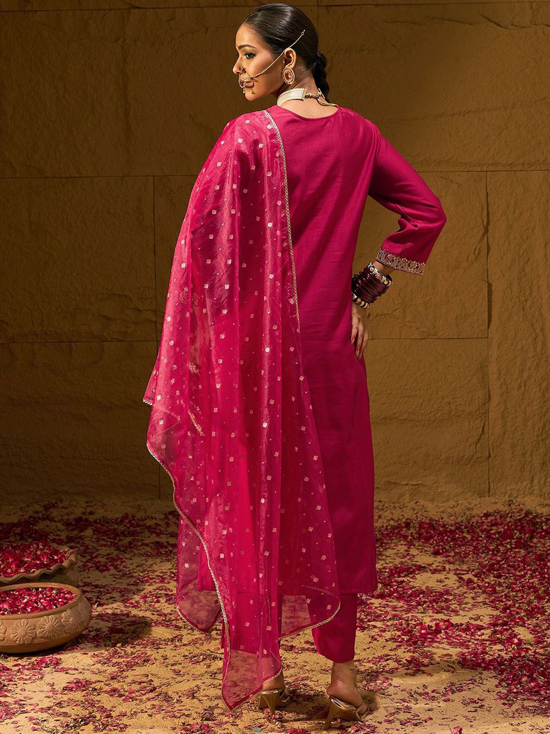 Dhiyona IE Ethnic Motifs Yoke Design Straight Zari Liva Kurta with Trousers & Dupatta