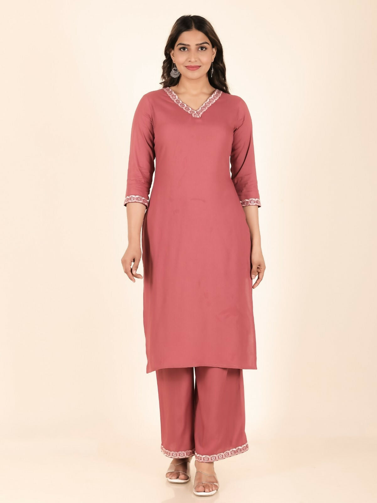 Women's Pink Rayon Solid Straight Kurta for Women