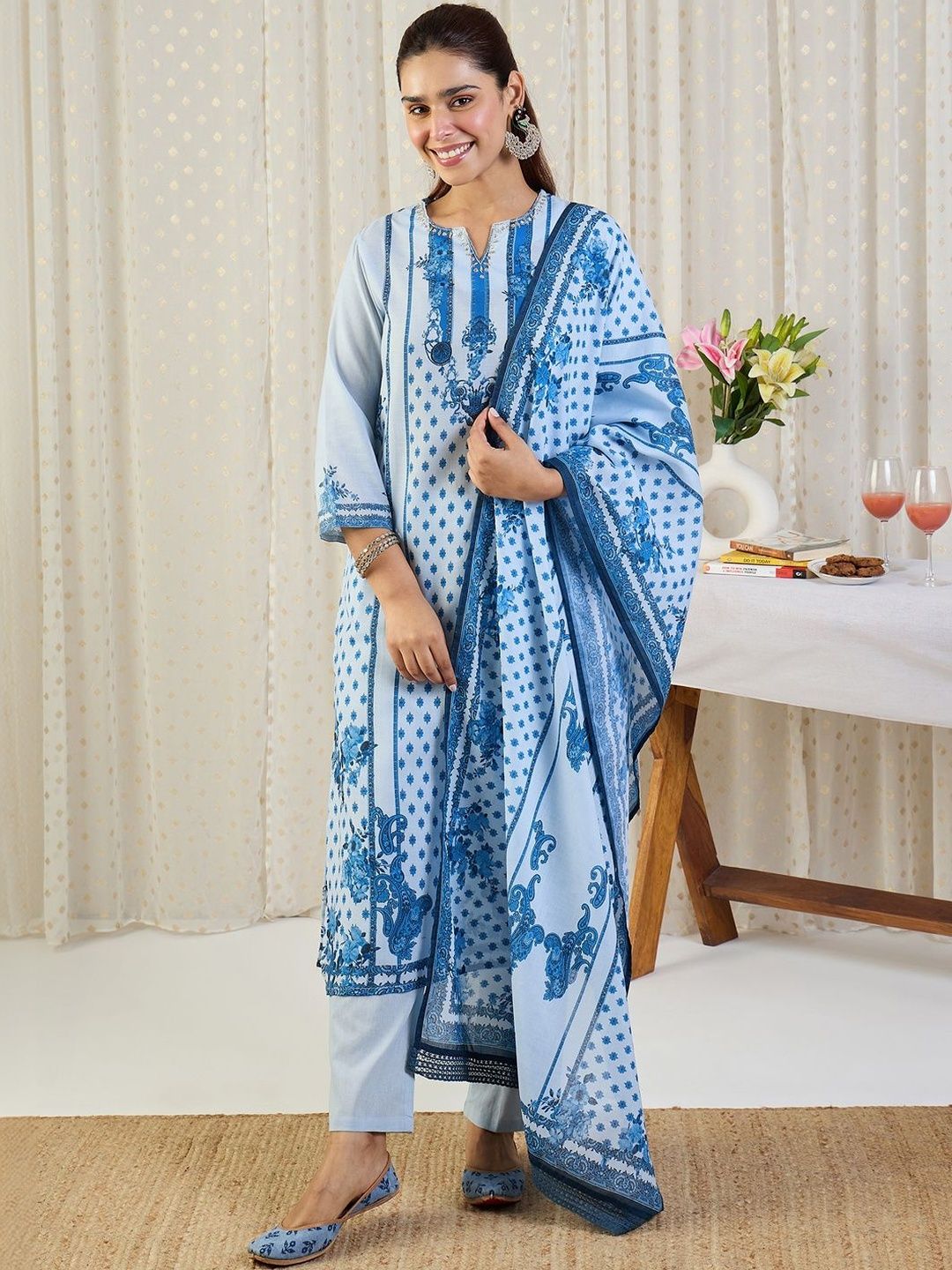 Dhiyona IE Ethnic Motifs Printed Notch Neck Thread Work Pure Cotton Kurta Trousers & Dupatta