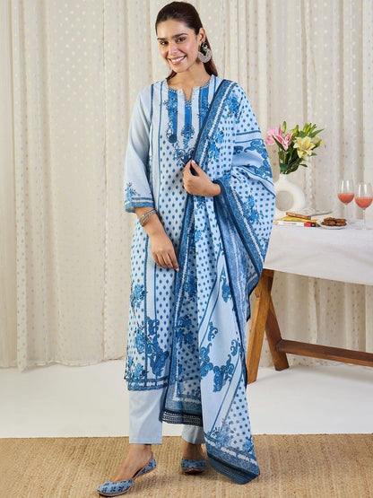 Ethnic Motifs Printed Notch Neck Thread Work Pure Cotton Kurta Trousers & Dupatta