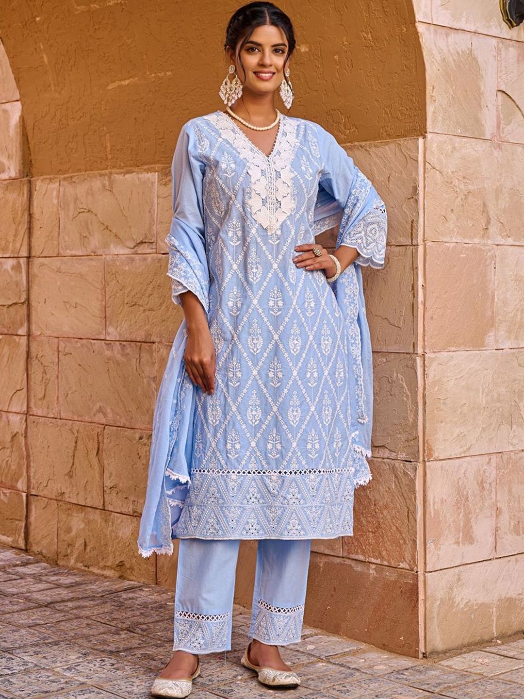 Women Ethnic Motifs Embroidered Regular Chikankari Pure Cotton Kurta with Trousers & With Dupatta
