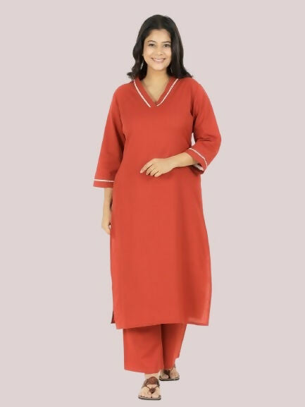 Women's Red Linen Cotton Solid Straight Kurta for Women