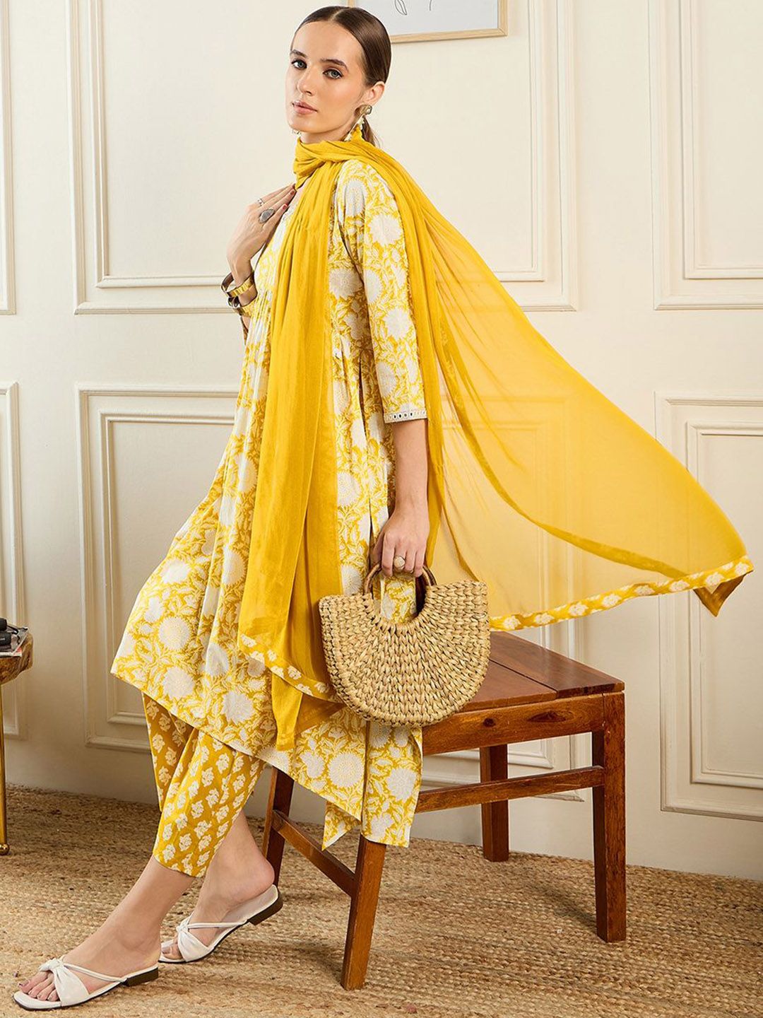 Dhiyona IE Floral Printed A-Line Mirror Work Pure Cotton Kurta with Trousers & Dupatta