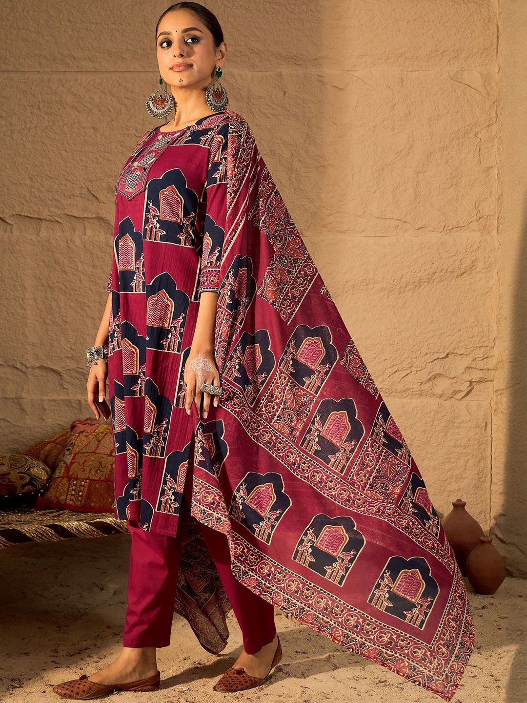 Women Ethnic Motifs Printed Pure Cotton Kurta Trousers & With Dupatta Kurta Sets