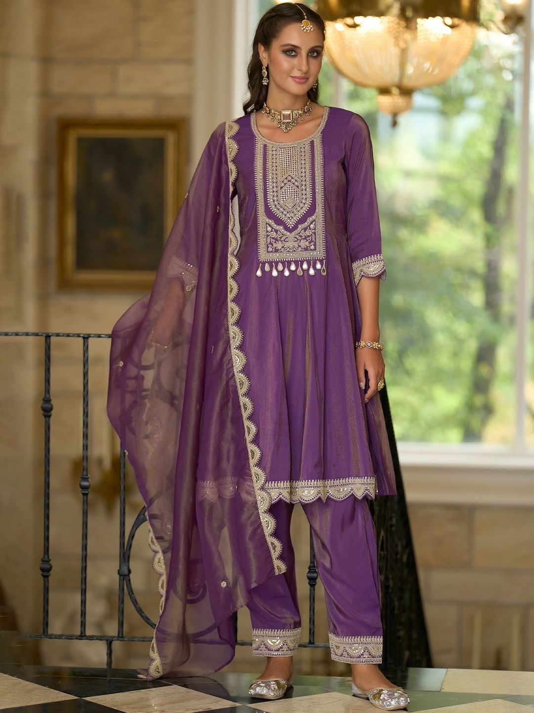 Dhiyona IE Ethnic Motifs Embroidered A-Line Sequinned Kurta With Trousers & Dupatta