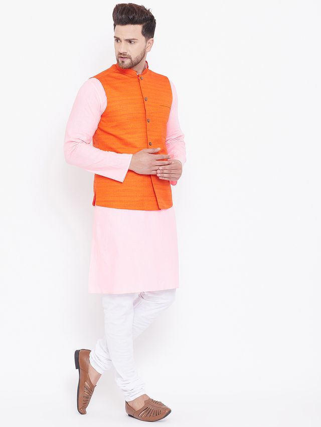 Men's Pink Cotton Blend Straight Jacket  Kurta and Pyjama Set