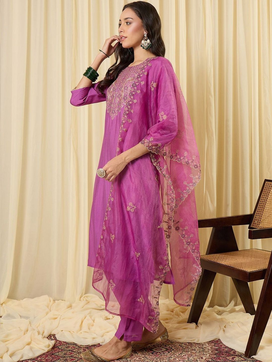 Women Ethnic Motifs Embroidered Regular Thread Work Kurta with Trousers & With Dupatta