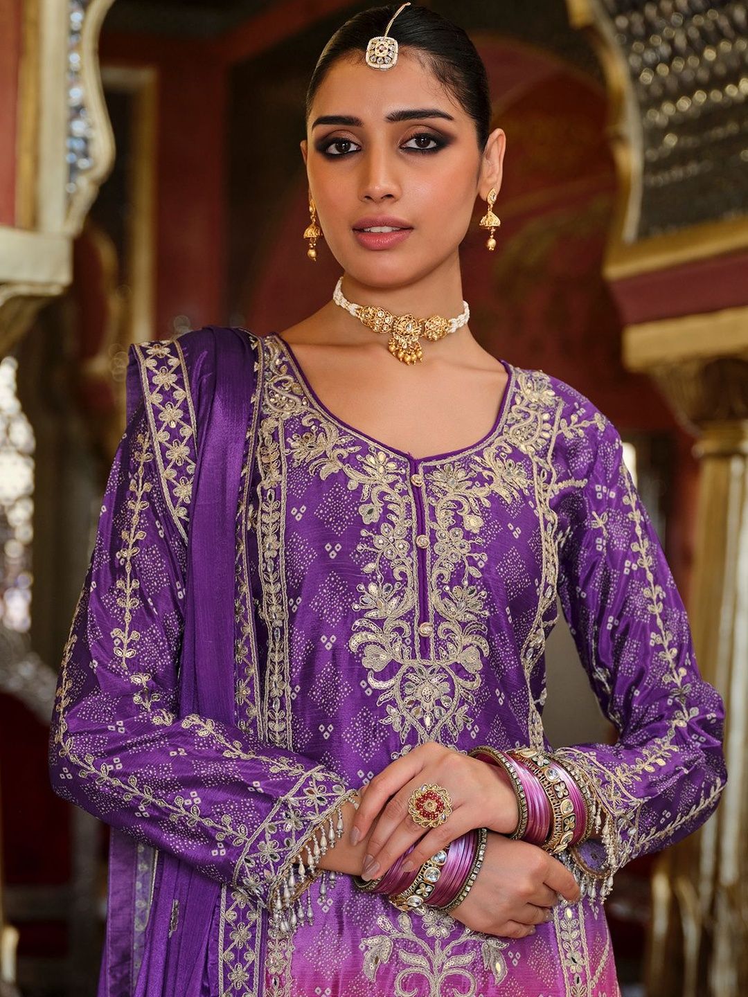 Dhiyona IE Ethnic Motifs Embroidered Thread Work Chinon Kurta with Sharara & With Dupatta