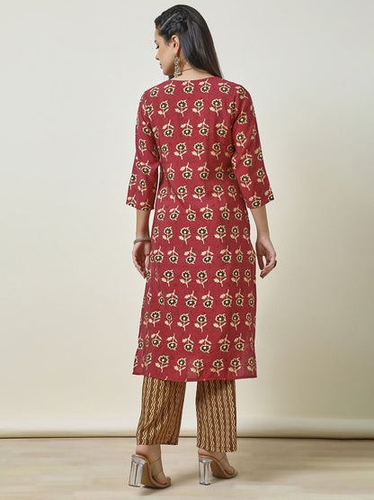 Dhiyona SO Women's Red Floral Embroidered Round Neck Straight Mirror Work Kurta With Palazzos